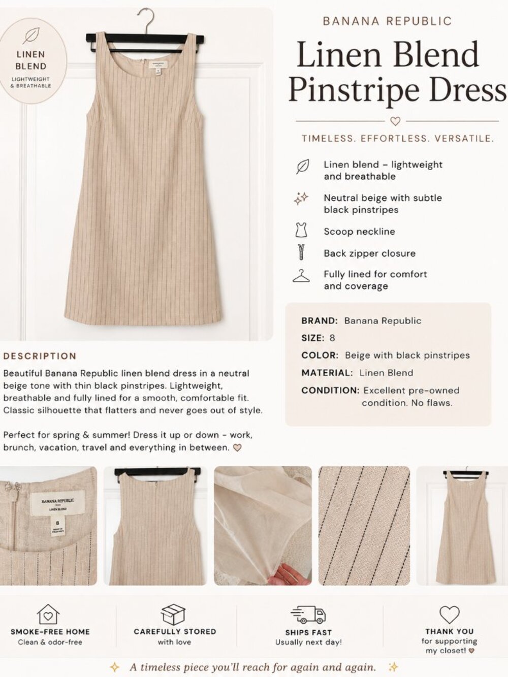 ✨ Banana Republic Linen Blend Pinstripe Dress – Size 8